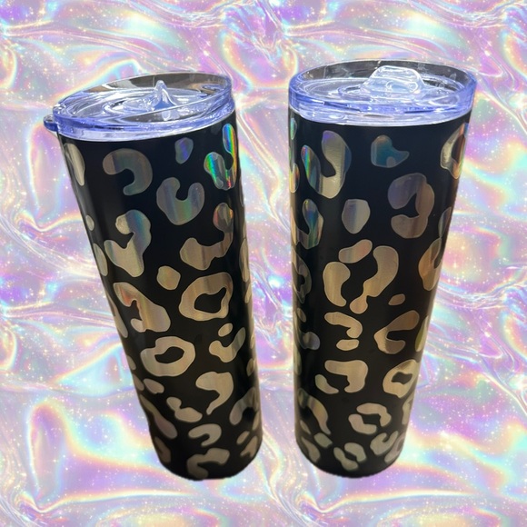 Iridescent Silver Black Leopard Print Tumbler Set NWT Cold or Hot Beverages 22.5 - Picture 5 of 5